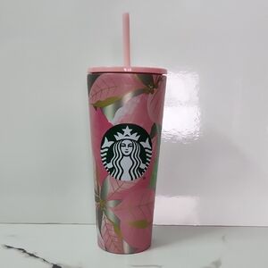 Starbucks Pink and Green Floral Tumbler with Straw